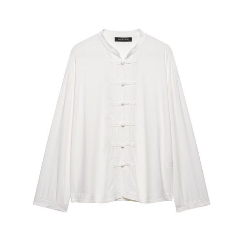 Damen Oversize Tunika‑Bluse im asiatisch inspirierten Stil mit Stehkragen und Zierknotenverschlüssen Echo Archiv