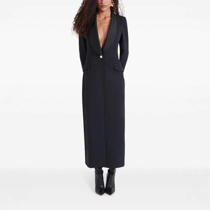 Damen Maxikleid im Smoking‑Blazer‑Stil mit Schalkragen und Ein‑Knopf‑Verschluss Echoarchiv