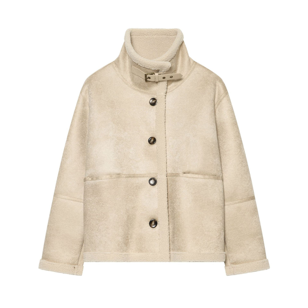 Damen Kurzjacke im Lammfell‑Look mit hoher Stehkragen‑Schnalle und aufgesetzten Taschen Echo Archiv