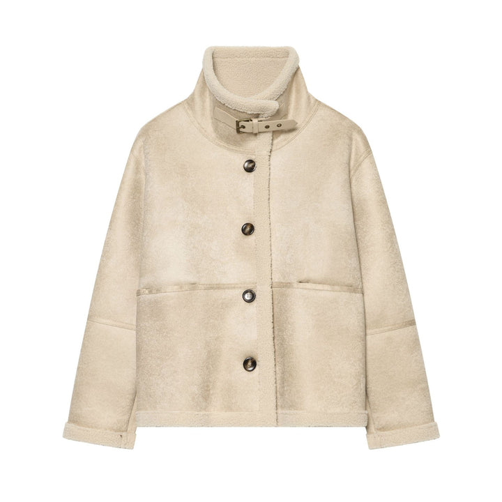 Damen Kurzjacke im Lammfell‑Look mit hoher Stehkragen‑Schnalle und aufgesetzten Taschen Echo Archiv
