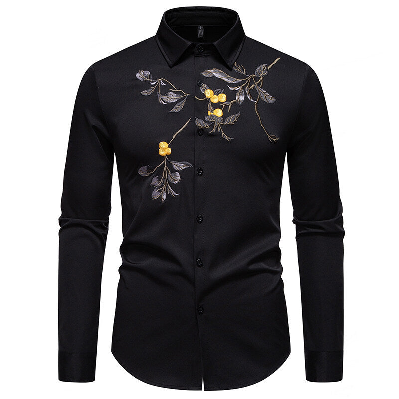 Herren elegantes Langarmhemd mit floraler Stickerei Echoarchiv