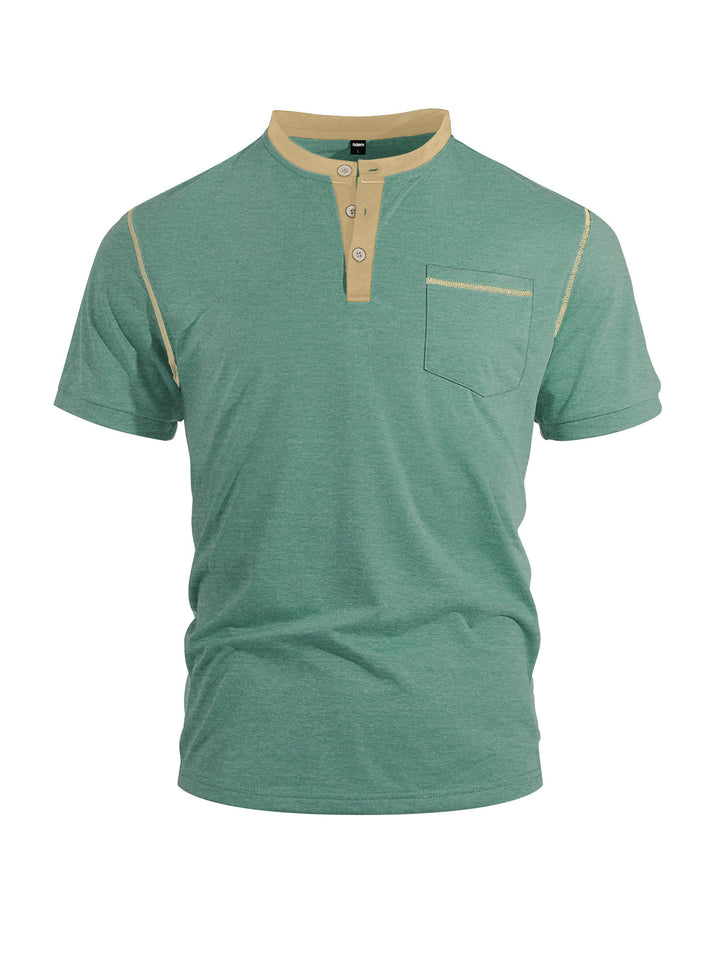 Herren nan legeres Kurzarm-Bandkragenshirt mit Knopfleiste Brusttasche und Flatlocknähten Echo Archiv