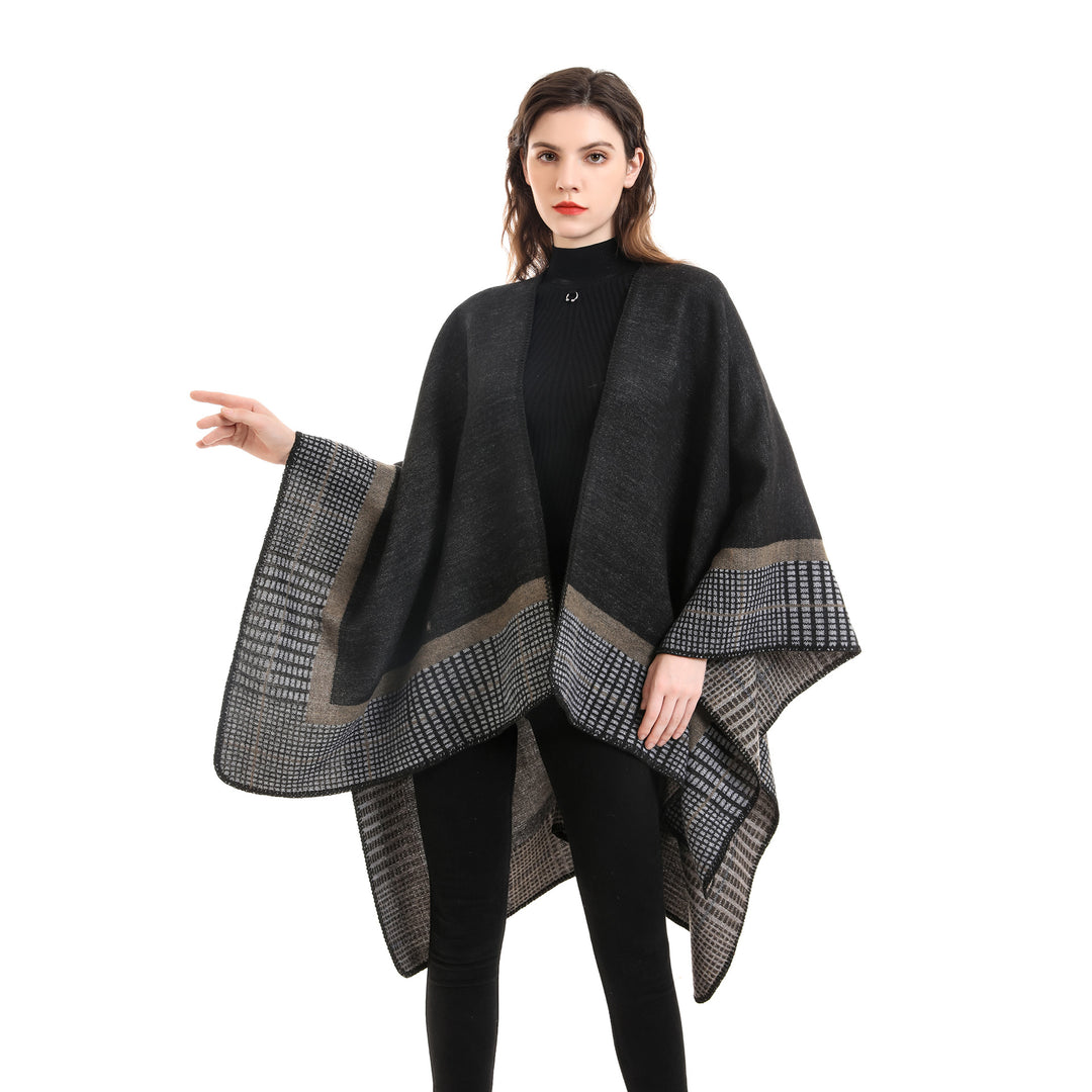 Damen Wollmix-Poncho im asymmetrischen Zipfelschnitt mit eingewebter Karobordüre – Avérine