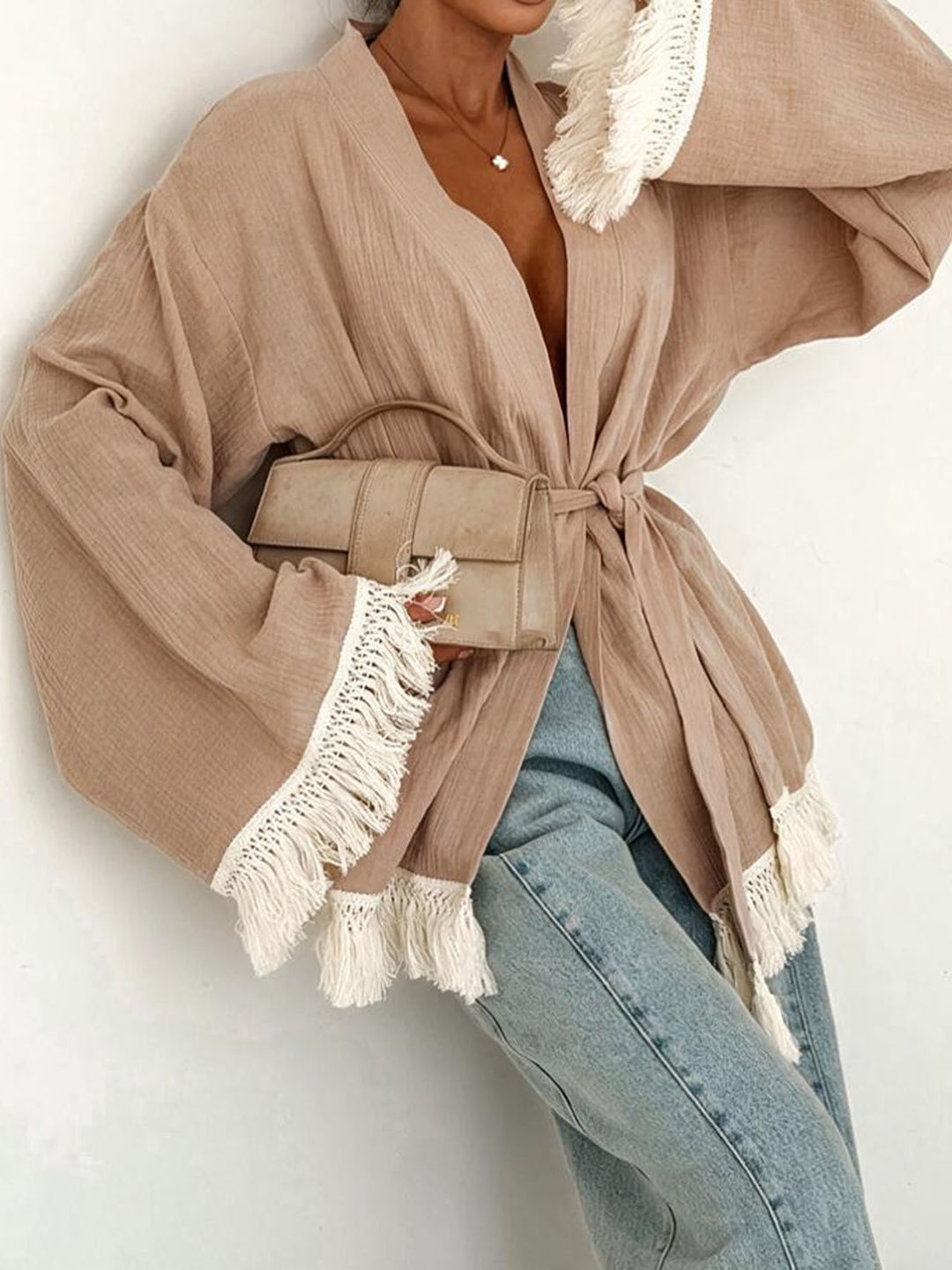 Damen Fransen-Kimono-Jacke aus Leinenoptik mit Taillengürtel Echoarchiv