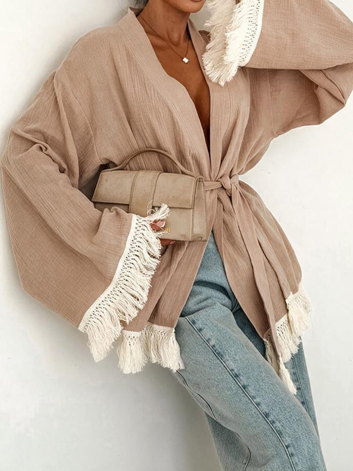 Damen Fransen-Kimono-Jacke aus Leinenoptik mit Taillengürtel Echoarchiv