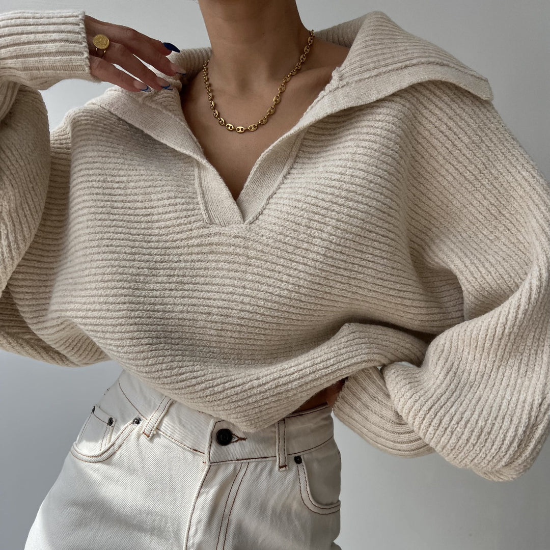 Damen nan Grobstrick-Pullover mit weitem Kragen und V-Ausschnitt Echo Archiv
