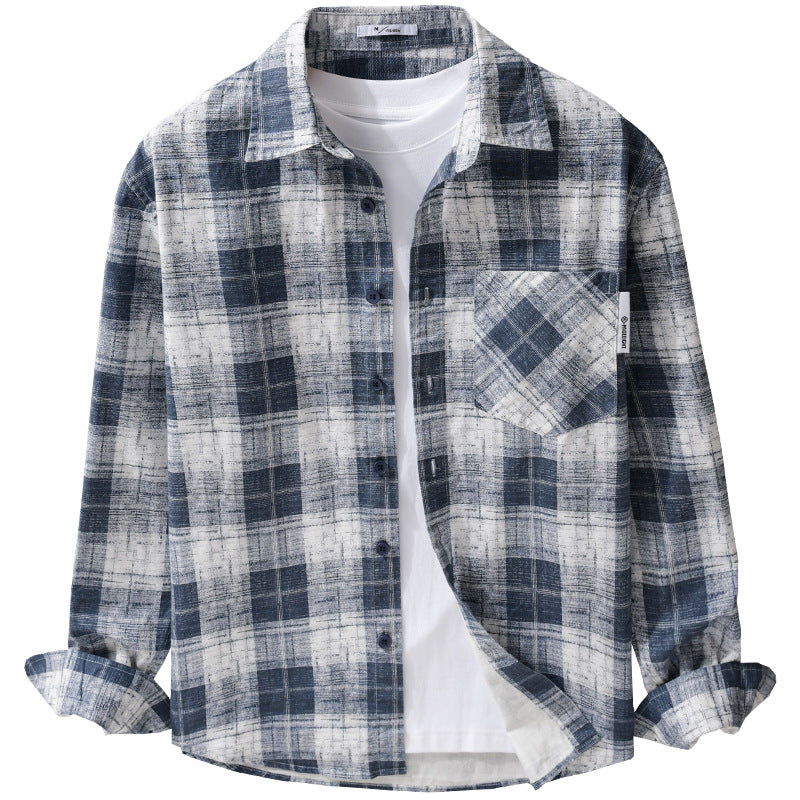 Herren Leichtes kariertes Layering-Overshirt aus Baumwoll‑Leinenmix mit diagonalem Brustpatch Echoarchiv