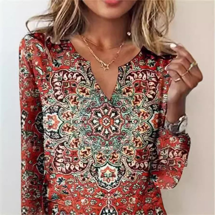 Damen Langarm-Bluse mit ornamentalem Mandala-Print und V-Ausschnitt – Élovi