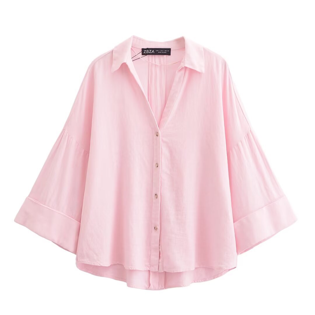Damen nan lockere oversized Hemdbluse mit weitem Kragen und Dreiviertelärmeln Echo Archiv