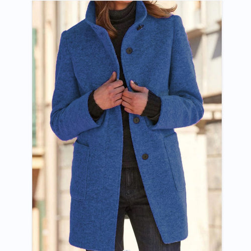 Damen Midilanger Wollmix-Mantel mit Stehkragen und aufgesetzten Taschen – Montévia