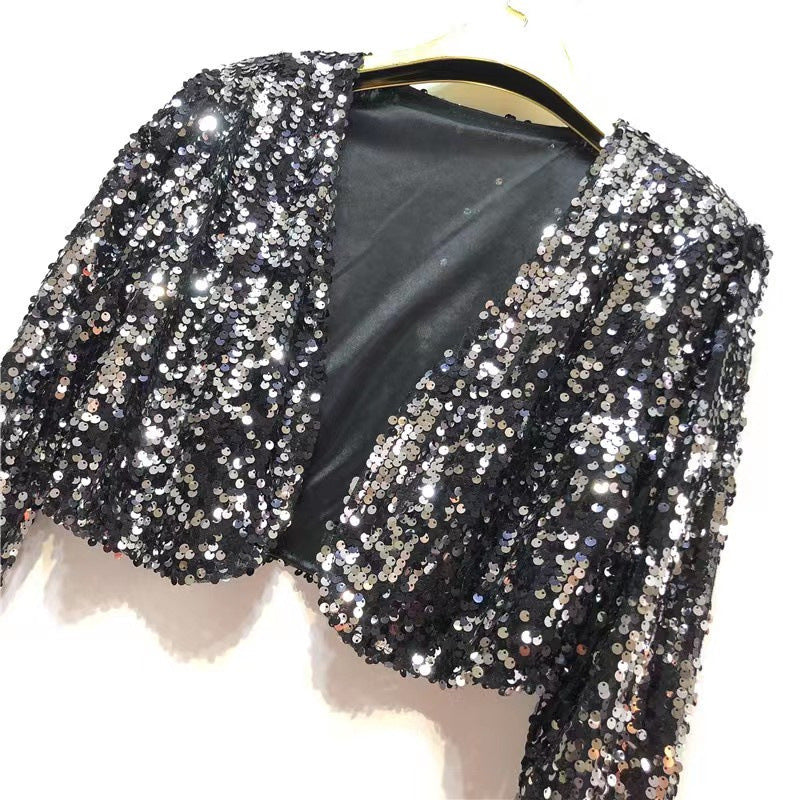 Damen Glitzernde Paillettenjacke mit Langem Arm und Offenem Schnitt Echoarchiv