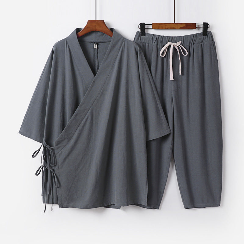 Herren Kimono-Loungewear-Set mit Wickeloberteil, Kordelbundhose und lockerer Passform Echoarchiv