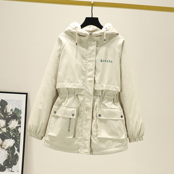 Damen Wasserabweisender Kapuzenparka mit Teddyfutter Tunnelzugtaillierung und Mehrfachtaschen – Célinea