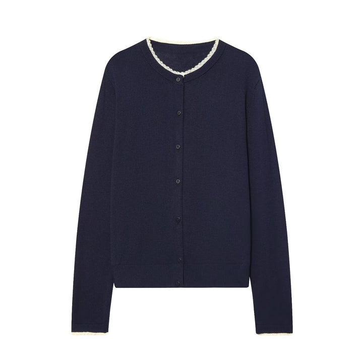 Damen Feinstrick-Cardigan mit Rundhals, Knopfleiste und Spitzenbesatz Echo Archiv