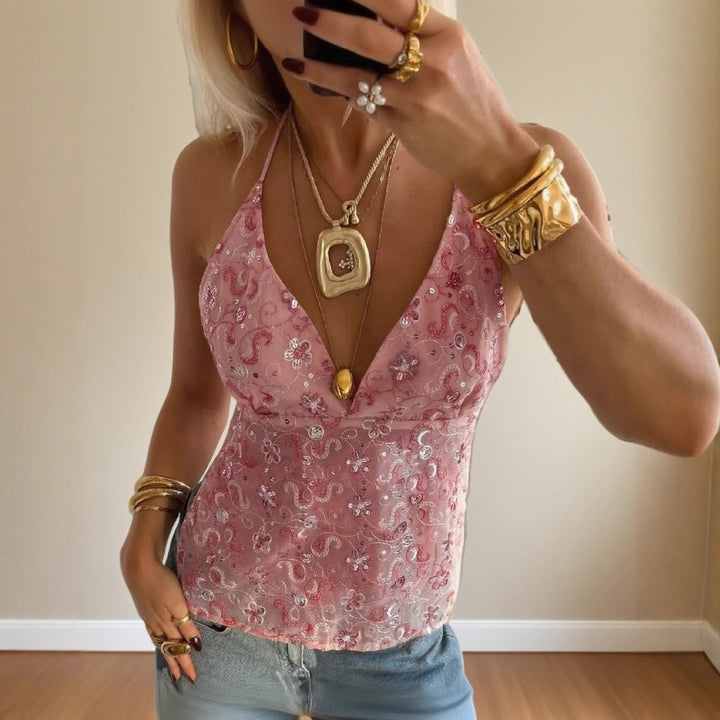 Damen Elegantes Spitzentop mit tiefem V-Ausschnitt und feiner Bestickung Echo Archiv