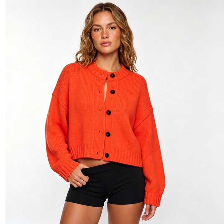 Damen Grobstrick Cropped Cardigan mit überschnittener Schulter & breiten Rippbündchen Echoarchiv