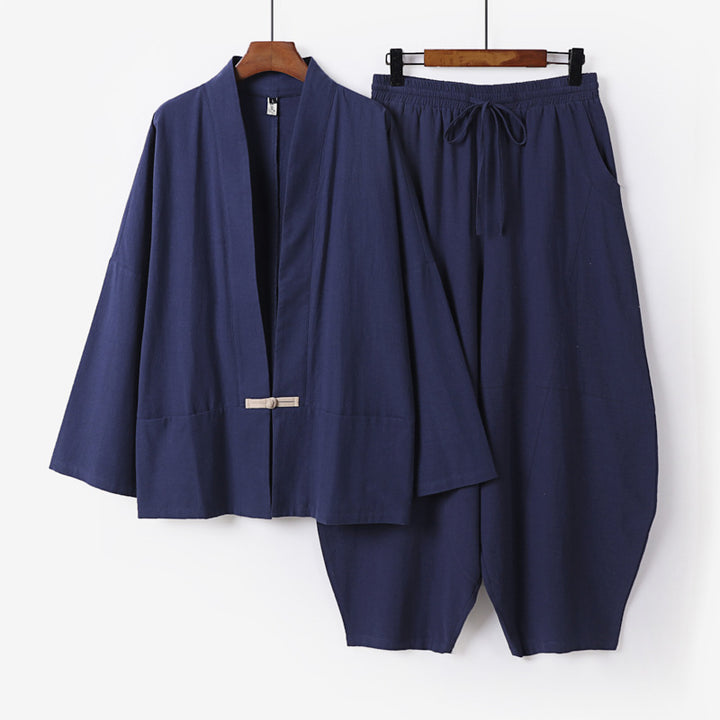 Herren Kimono-Loungewear-Set mit kurzem Schalkragen und weiten Harem-Bundhosen Echoarchiv