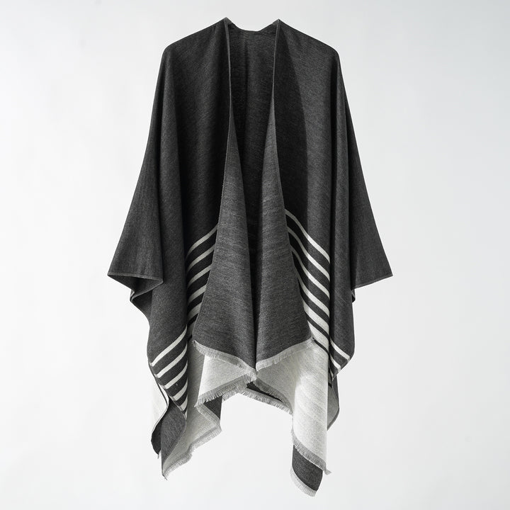 Damen Oversize-Umhangponcho im kastigen Fall mit diagonalem Streifenpanel und feinfransigem Saum Echo Archiv