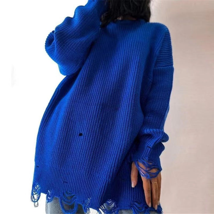 Damen Oversize Grobstrick-Minikleid mit Destroy-Effekt und Rundhalsausschnitt – Élara
