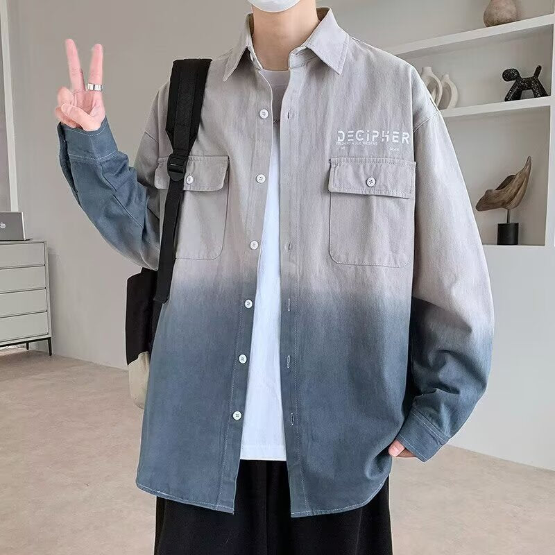 Herren Oversize Dip Dye Baumwollhemd mit Brusttaschen und Verlauffärbung Echoarchiv