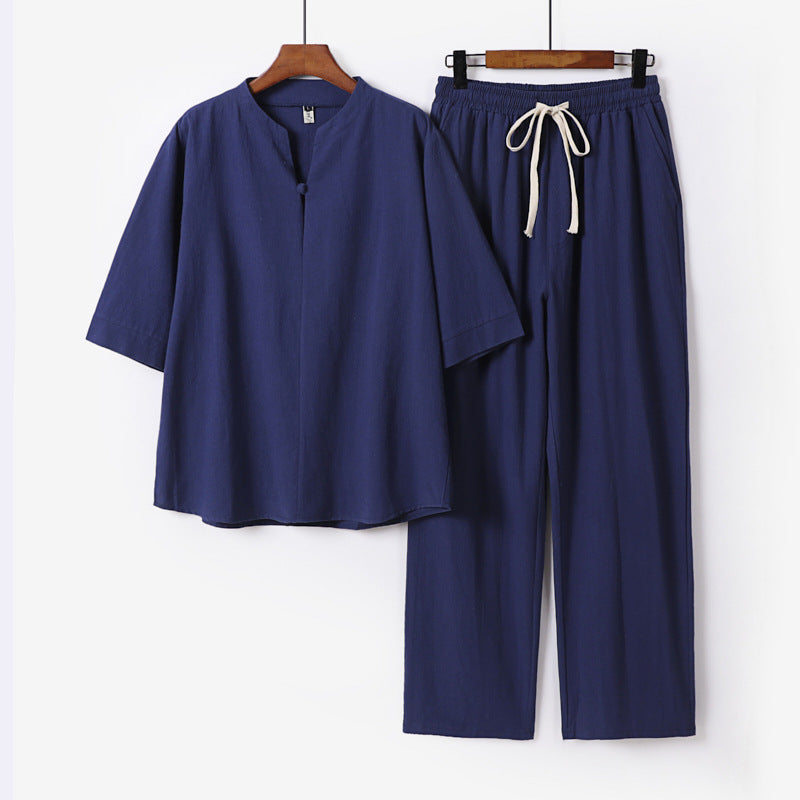 Unisex Lockeres Lounge-Set mit Stehkragen-Halbarmshirt und Elastischer Bundhose Echoarchiv