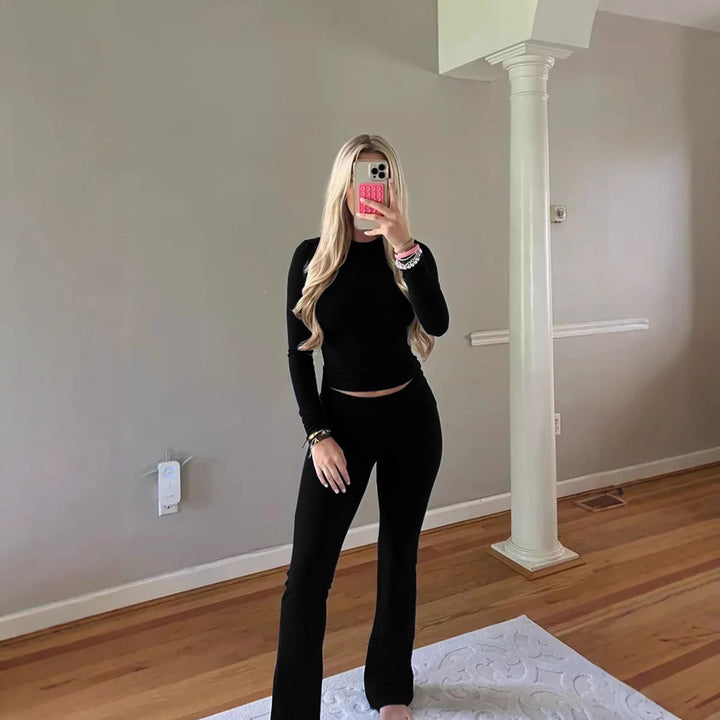 Damen Nahtloses Sport-Set mit Langarm-Cropped-Top und High-Waist Leggings – Orélia