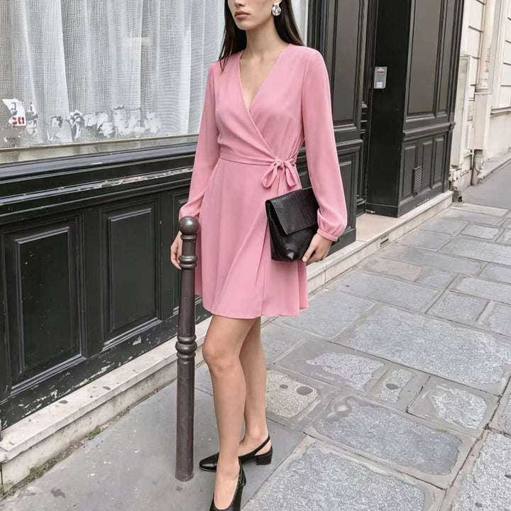 Damen Elegantes Wickel-Minikleid mit tiefem V-Ausschnitt und langen Ärmeln Echoarchiv