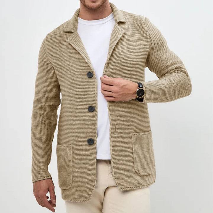 Herren grobgestrickter Strickcardigan mit Schalkragen und aufgesetzten Taschen Echo Archiv