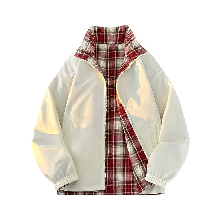 Unisex Wende-Utility-Jacke mit kariertem Innenfutter, Stehkragen und elastischen Bündchen Echo Archiv