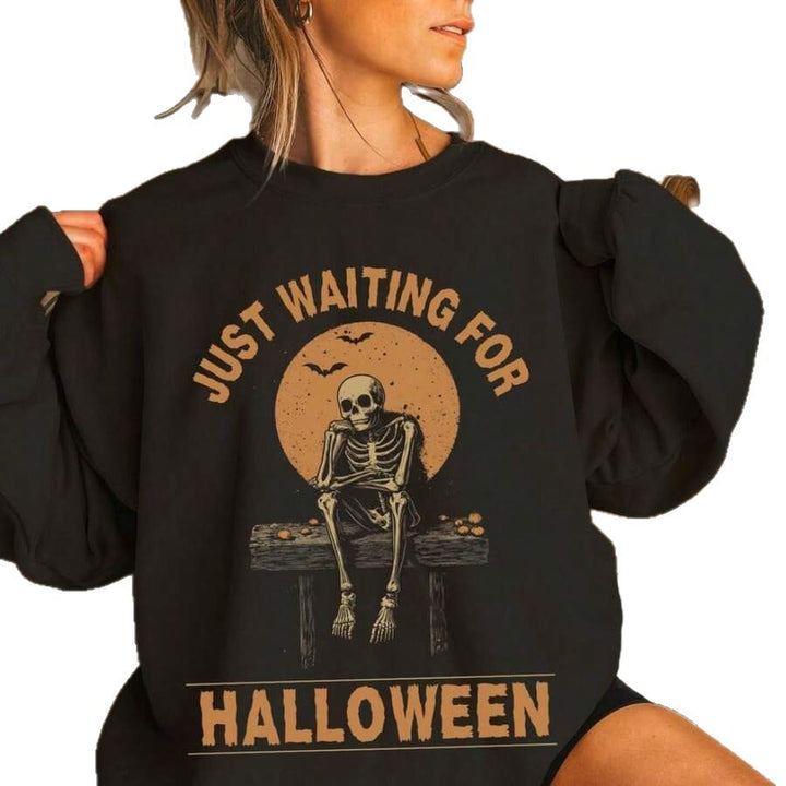Damen Oversize-Sweatkleid mit Halloween-Skelettprint, weichem Baumwollmix und geripptem Rundhalsausschnitt – Avérine