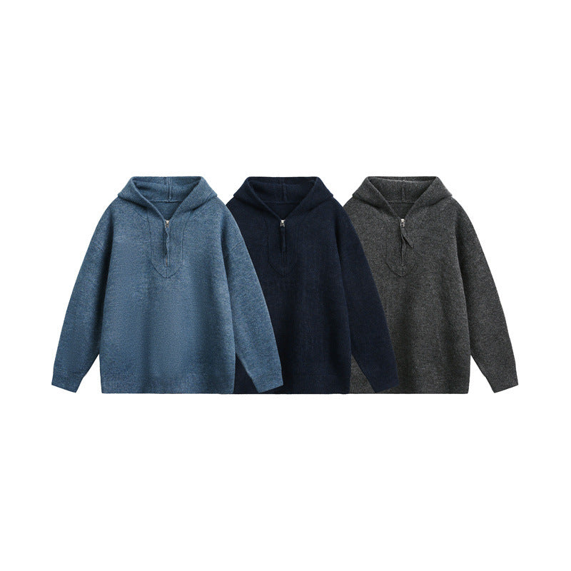 Unisex Grobgestrickter Kapuzenpullover mit halbem Reißverschluss und Boxy‑Schnitt Echoarchiv