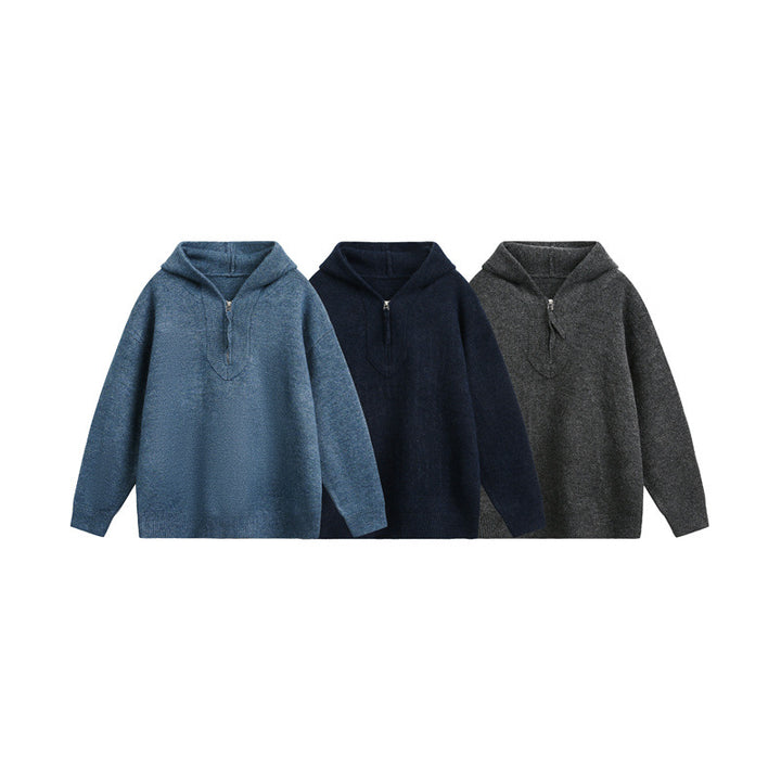Unisex Grobgestrickter Kapuzenpullover mit halbem Reißverschluss und Boxy‑Schnitt Echoarchiv