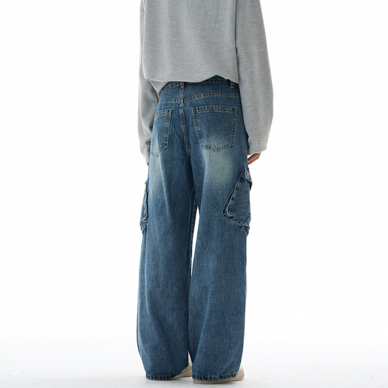 Damen Hochtaillierte Utility-Denim-Palazzohose mit Kniepaneelen und großen Klappentaschen Echo Archiv