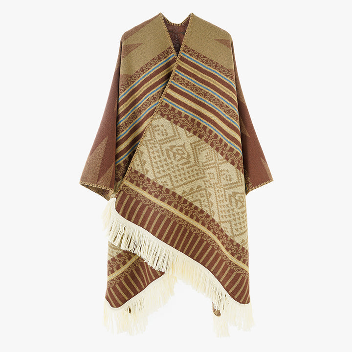 Damen Gewebter Jacquard-Poncho mit V-Ausschnitt, Ethno‑Print und Fransen – Avérine