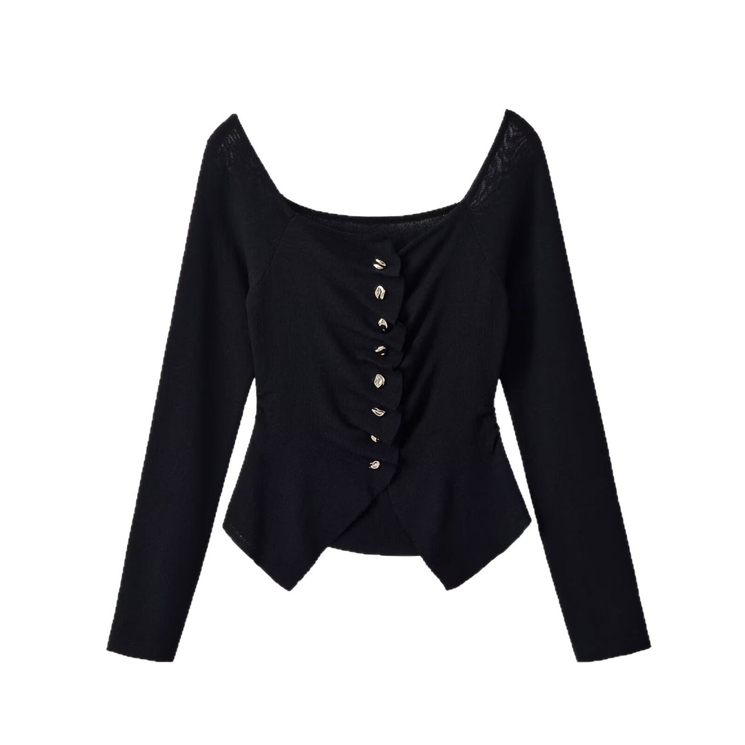 Damen Figurbetonte Rüschenbluse mit goldfarbenen Zierknöpfen und asymmetrischem Peplum Echoarchiv