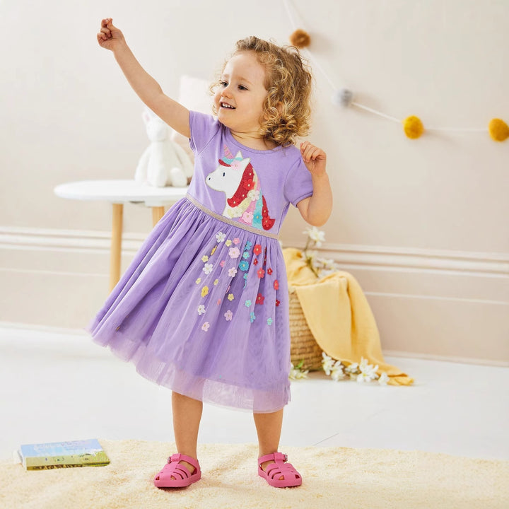 Mädchen Tüllkleid mit bunten Einhorn- und Blumenapplikationen Echo Archiv