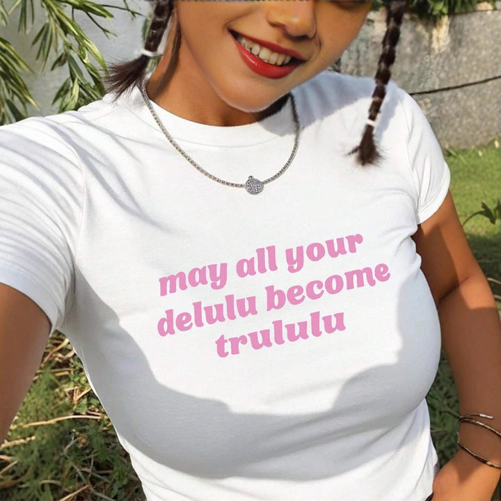 Damen Kurzarm Crop-T-Shirt mit witzigem Schriftzug Echo Archiv