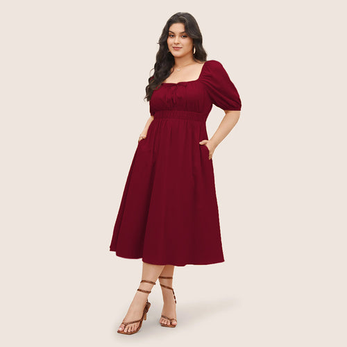 Damen elegantes Midikleid mit modischen Puffärmeln und Taillenschnürung Echo Archiv