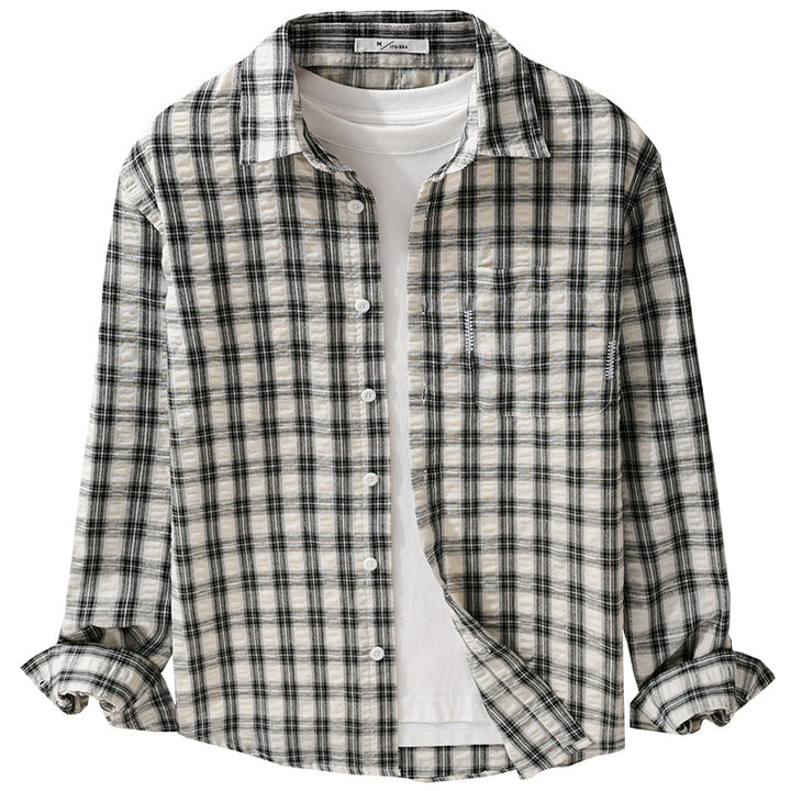 Herren Leichtes kariertes Baumwoll-Overshirt mit Soft-Crinkle‑Struktur, Brusttasche und Relaxed‑Fit Echoarchiv