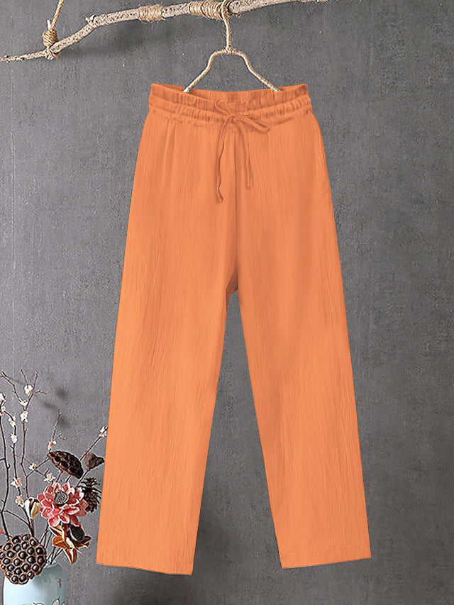 Damen Crinkle Leinenmischung Hose mit elastischem Kordelzug, gerade Beinform und lässiger Passform – Avélisse