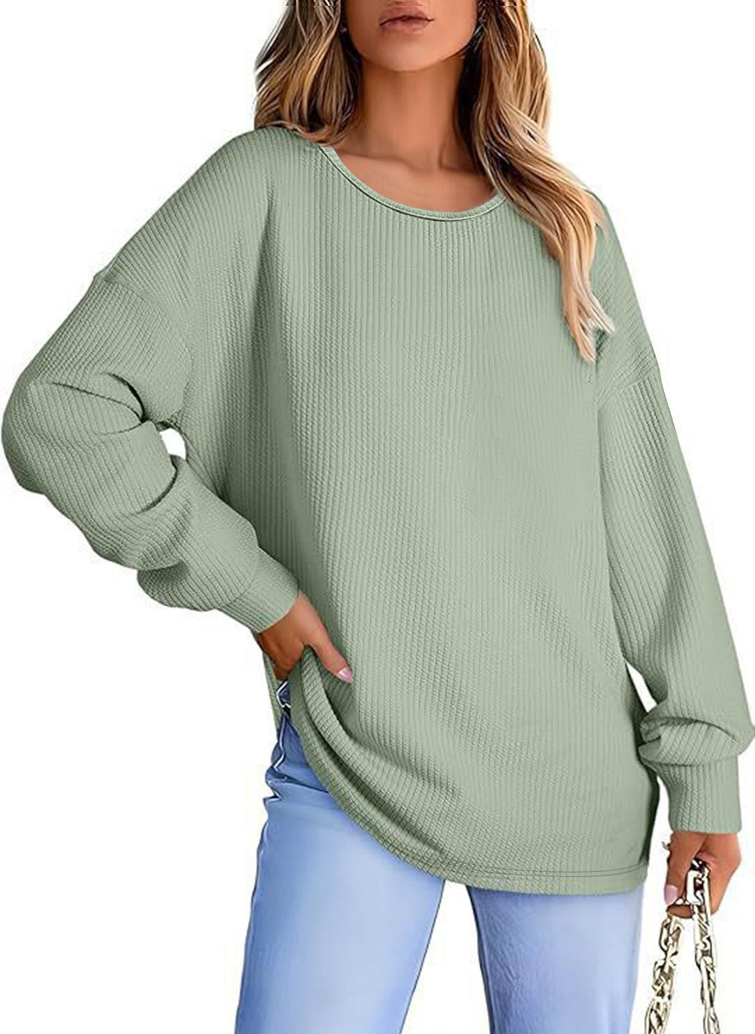 Damen Oversize Waffelstrickpullover mit Rundhals, Ballonärmeln und verlängertem Saum Echoarchiv