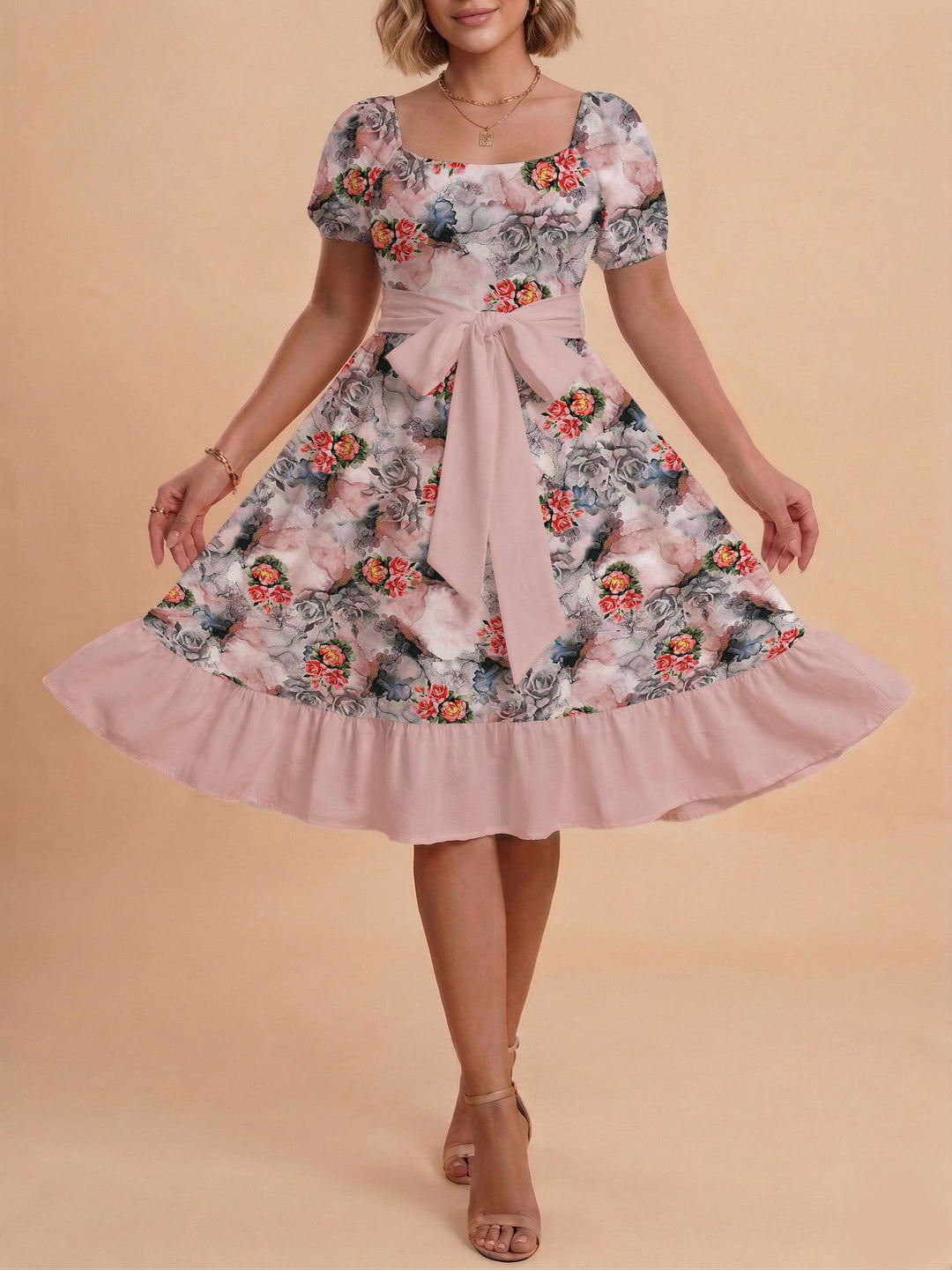 Damen Retro Maxikleid mit Puffärmeln und Taillengürtel Echo Archiv