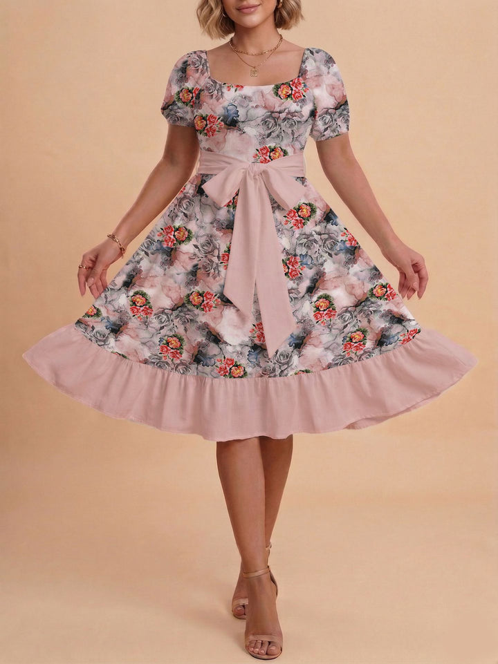 Damen Retro Maxikleid mit Puffärmeln und Taillengürtel Echo Archiv