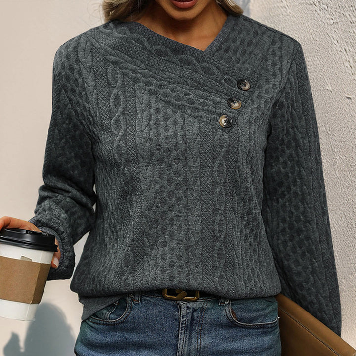 Damen Strukturierter Zopfstrick-Pullover mit asymmetrischer Knopfleiste & Rundhalsausschnitt Echoarchiv