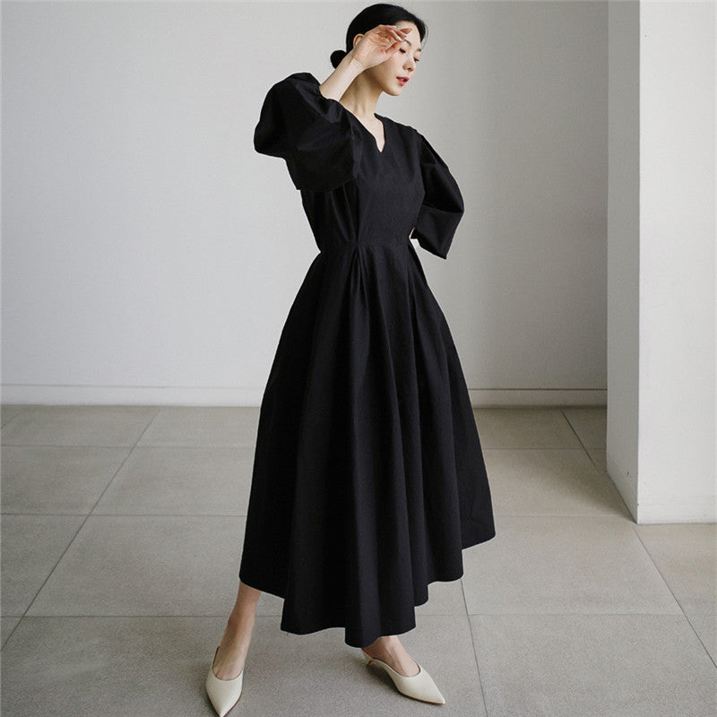 Damen Voluminöses Baumwollmix‑Maxikleid mit Ballonärmeln und gerafften Manschetten – Valéora