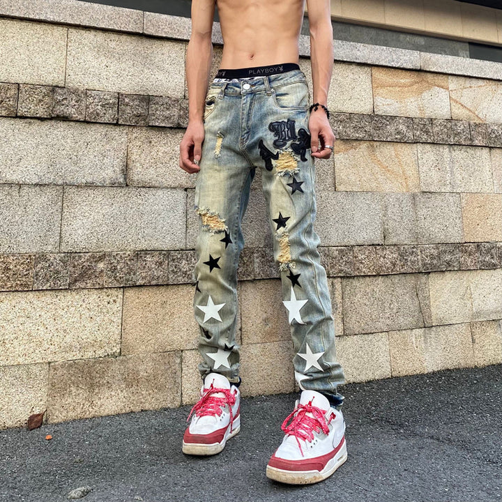 Herren Modische Destroyed Jeans mit Sternenapplikationen Echoarchiv