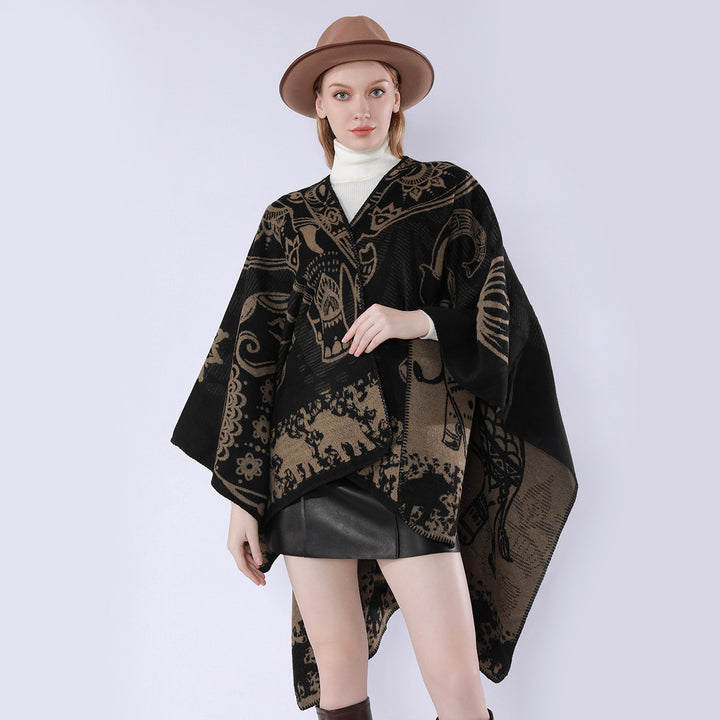Damen Jacquard-Kimono-Cape aus Wollmix mit ornamentalen Tiermotiven – Célinea