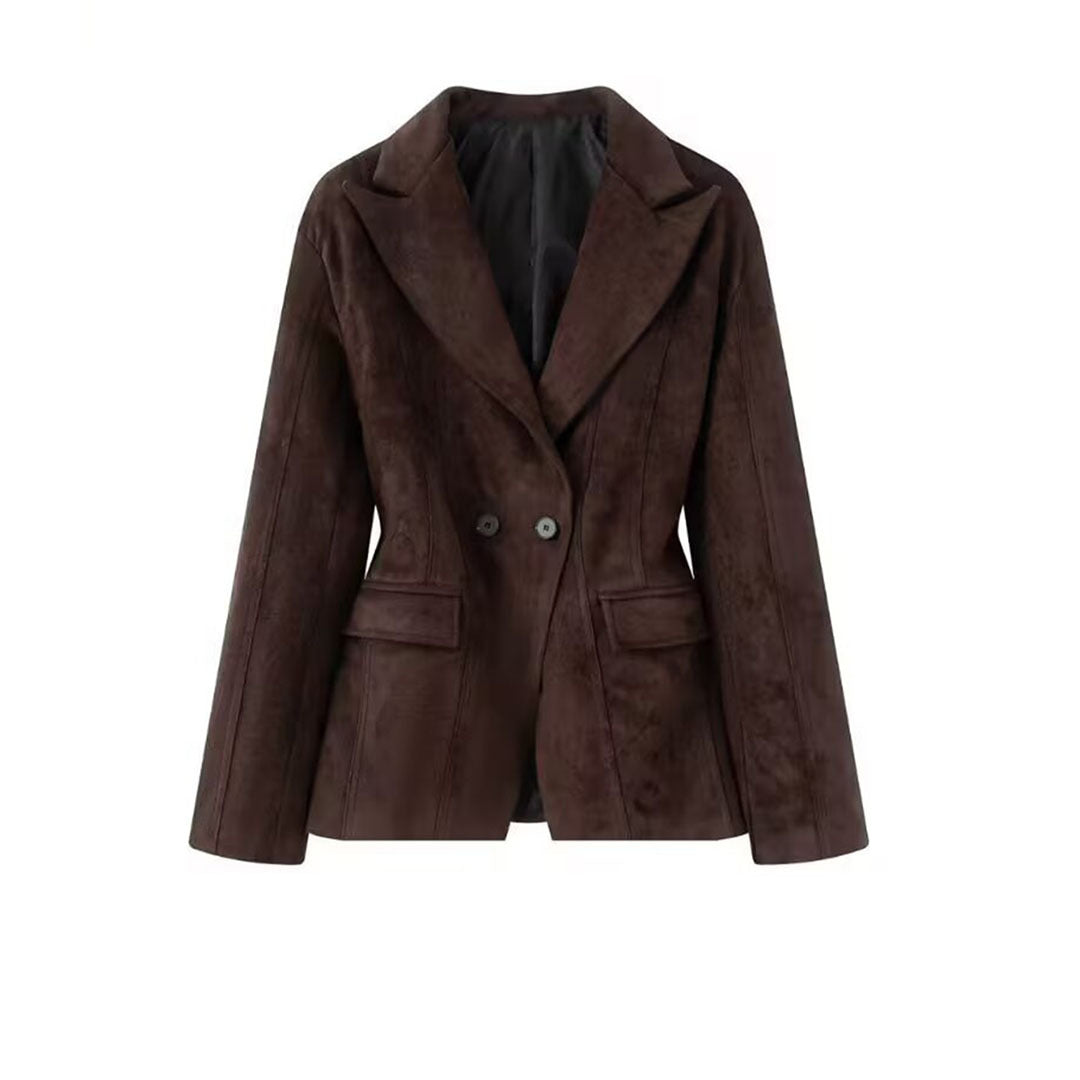 Damen Taillierter Veloursleder-Blazer mit Reverskragen und Pattentaschen Echoarchiv