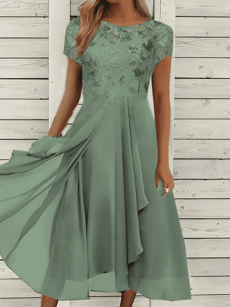 Damen nan elegantes Chiffon-Midikleid mit floraler Spitzenapplikation und fließendem Tellerrock Echoarchiv