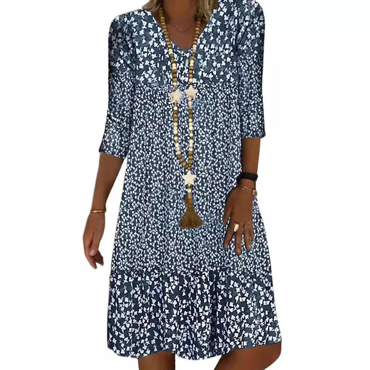 Damen Lockeres Midi-Kleid im Boho-Stil mit V-Ausschnitt, Dreiviertelärmeln und gestuftem Saum – Élara